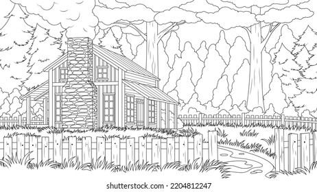 Vector illustration, wooden house stands in the forest, book coloring