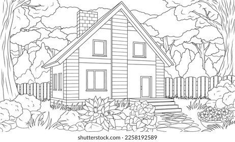 Vector illustration, wooden house stands in the forest