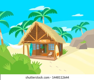 Vector illustration of wooden hut on tropical iseland. Surfer beach hut. Surf boards. Hammock palm trees.
