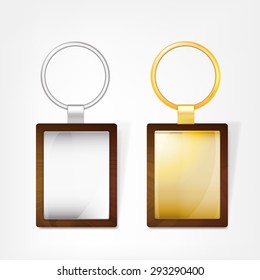 Vector illustration of a wooden keychain with blank metal rectangular plate and a ring for a key, Isolated on a white background. Ideal template for branding, identity guidelines and promo campaigns.