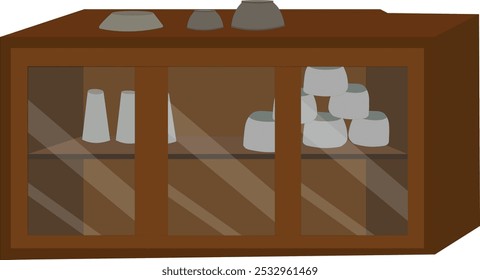 Ilustração vetorial de um armário de cozinha de madeira com utensílios. Gabinete de utense isolado sobre fundo branco