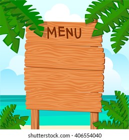 vector illustration of wooden  menu template from the boards on the seashore background