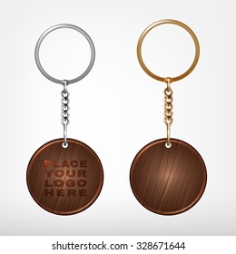 Vector illustration of a wooden and metal oval key chain with a ring for a key, Isolated on a white background. Ideal template for branding, identity guidelines and promo campaigns.