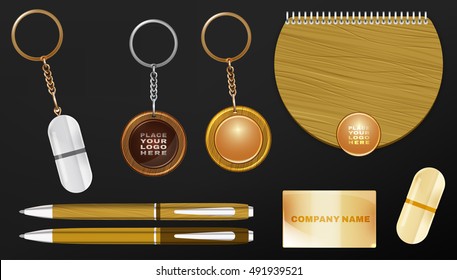 Vector illustration of a wooden and metal souvenirs with a rings for a key, notebook and pens Isolated on a white background. Ideal template for branding, identity guidelines and promo campaigns.