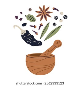 Vector illustration of wooden mortar and pestle with spices like pepper, bay, cardamom, anise, and clove. Flat cartoon style for seasoning, doodle composition kitchen, and cooking themes