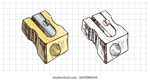 Ilustração vetorial de apontador de lápis de madeira com lâmina de metal. Inclui versões coloridas e monocromáticas. Desenhado à mão estilo vintage esboçado em papel de grade.