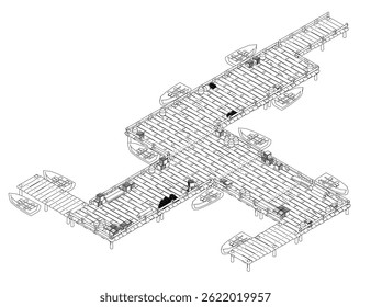 Vector illustration of a wooden pier with many moored boats. Isometric view.