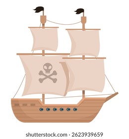 Vector illustration of a wooden pirate ship with sails and skull flag