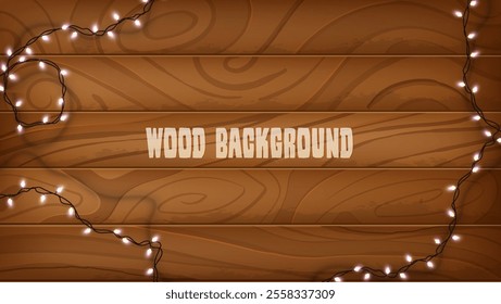 Vector illustration of a wooden plank background adorned with a festive lighting garland, featuring strings of round lamps.