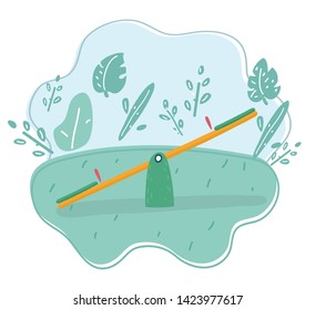 Vector illustration of Wooden plank balancing on a wooden triangle isolated on nature background. Seesaw and teeter-totter. Equilibrium. Balancing life.