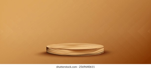 Vector illustration of a wooden podium with a soft shadow on a warm brown gradient background. Ideal for showcasing products, natural themes, or minimalistic design projects.