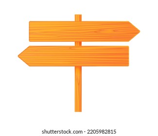 Vector illustration of wooden road sign isolated on white background. Brown wooden board icon in cartoon style. Realistic signpost. Empty wooden banner.