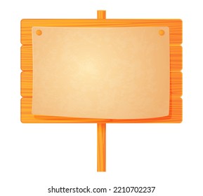 Vector illustration of wooden road sign with blank paper sheet isolated on white background. Brown wooden board icon in cartoon style. Realistic signpost. Empty wooden banner.
 