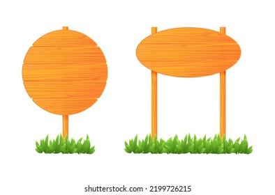 Vector illustration of wooden road signs isolated on white background. Set of brown wooden boards icons in cartoon style. Collection of realistic signposts in green grass. Empty wooden banners.