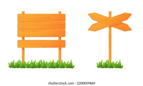 Vector illustration of wooden road signs isolated on white background. Set of brown wooden boards icons in cartoon style. Collection of realistic signposts in green grass. Empty wooden banners.