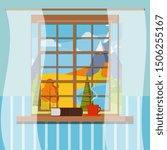 Vector illustration of wooden room window frame with closed book, cup with hot coffee or tea and curtains in cartoon flat style. Window scene rural view of autumn fields, trees, lake and mountains.