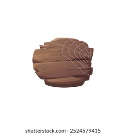 A vector illustration with a wooden round board with cobwebs creates a frame for entries. Old brown wood and rough surface isolated on white background