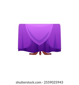 Vector illustration of Wooden round table with purple tablecloth. Vintage furniture for event, banquet or living room interior decoration. Flat cartoon style. Isolated background.