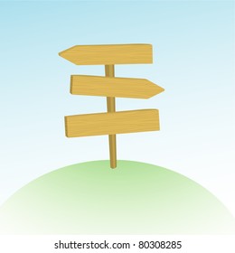 Vector illustration of wooden route sign on the hill