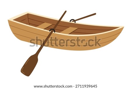 Vector illustration of a wooden rowboat with oars in flat style. Minimalist rowing boat isolated on a white background. Suitable for themes of fishing, boating, outdoor recreation, and tourism.