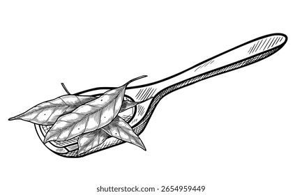 Vector illustration of a wooden Scoop with Bay and peppermint leaves for Herb packaging, culinary label design. Outline drawing painted by black inks in vintage botanical style for cookery book.