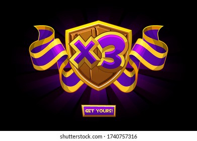 Vector illustration of a wooden shield made of number bonus. Banner for the casino. Award shield with a purple ribbon.