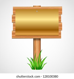 Vector illustration  wooden sign with gold paper