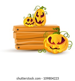 Vector illustration of a wooden sign with halloween pumpkins