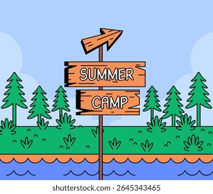 Vector illustration of a wooden sign pointing to a summer camp with a scenic forest and river in the background. Ideal for outdoor, adventure, kids activity, and nature themes.