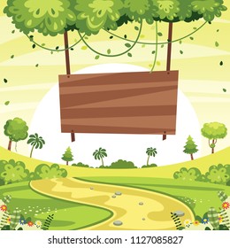 Vector Illustration Of Wooden Signboard And Green Landscape