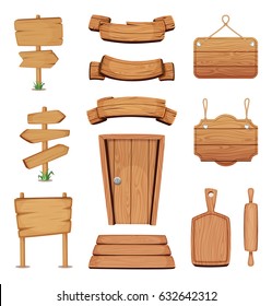 Vector Illustration Of Wooden Signboards, Doors, Plates And Other Different Shapes With Wood Texture