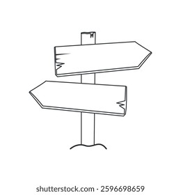 Vector illustration of a wooden signpost with two blank arrow signs. Outline drawing suitable for maps, travel guides, adventure themes, or customizable design projects.