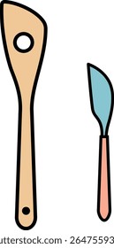 Ilustração vetorial de uma espátula de madeira e faca de manteiga — utensílios de cozinha, ferramentas de cozinha, café da manhã, torrada, design simples