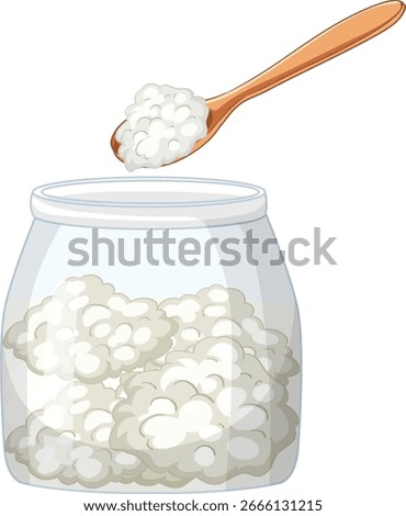 Vector illustration of a wooden spoon lifting white kefir grains from a transparent glass jar, rendered in clean, flat design with soft colors