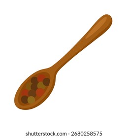 Vector illustration of wooden spoon with mixed colorful peppercorns in flat cartoon doodle style.
