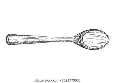 Vector illustration with wooden spoon texture. Kitchen utensils, tools, dishes, home decor. Retro old cutlery Hand drawn illustration in line art style painted in black ink on isolated background