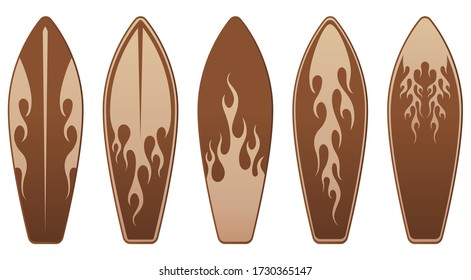 Ilustración vectorial de tablas de surf de madera con diseño de llama.