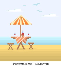 vector illustration of a wooden table with chairs on the beach