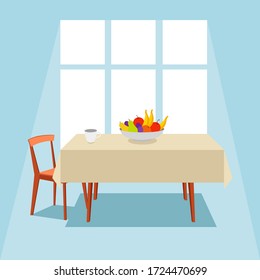 Vector Illustration Of A Wooden Table Covered With A Tablecloth And A Chair On Against The Window. On The Table Is A Bowl Of Fruit And A Cup. The Room Is Flooded With Morning Light In Blue.