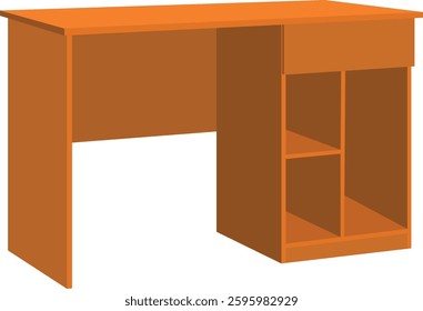 vector illustration of a wooden table A wooden desk with a drawer and a shelf. The desk is orange and is sitting on a white background