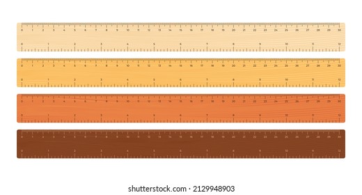 Ilustración vectorial reglas de cinta de madera de 30 cm y 12 pulgadas aisladas sobre fondo blanco. Conjunto de reglas de medición de madera de escuela realistas en estilo plano. Medición de doble cara en centímetro y pulgada.