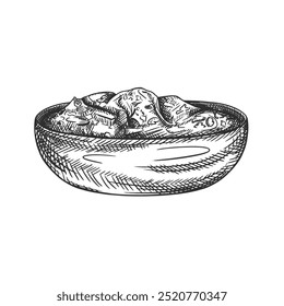 Vector illustration with a wooden texture of a plate with vegetable sauce. Kitchen utensils, tools, dishes. Retro old cutlery. Hand drawn illustration in line art in black ink on isolated background