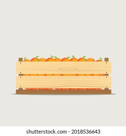 Ilustración vectorial de la caja de verduras de madera con agujeros y naranjas. Vista frontal del cajón de frutas. Cápsula aislada sobre fondo blanco. Caja de almacenamiento y transporte de alimentos. Diseño de estilo plano