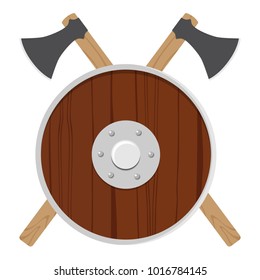 Vector illustration wooden viking shield and two crossed axes isolated on white background. Round ancient shield