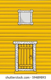 Vector illustration - Wooden wall of the timber, door and window - cartoon style