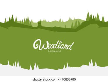 Ilustração vetorial: Fundo da floresta com pinheiros e colinas.