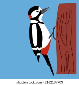 Ilustración vectorial del carpintero en un árbol de estilo plano,