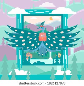 vector illustration woodpecker wizard in the mountains with a small backpack, magic bird in the forest, mountain landscape with waterfalls