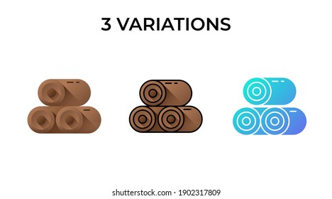 Vector illustration of woods icon. Three stacks of wood with 3 variations flat, lineal color, gradient design style