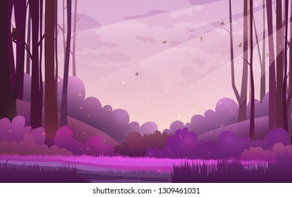 Vector illustration of woods. Pine forest landscape under a purple morning sky with birds and clouds.